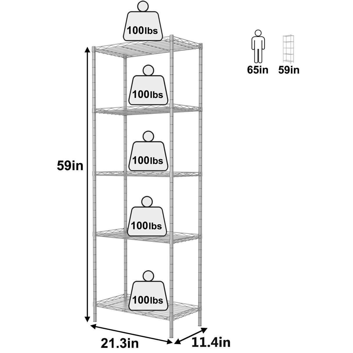HOMEFORT 5-Shelving Unit, Adjustable Wire Shelving, Metal Wire Shelf with Shelf Liners and Hooks for Kitchen, Closet, Bathroom, Laundry,Sliver,21" W x 11" D x 59" H HOMEFORT