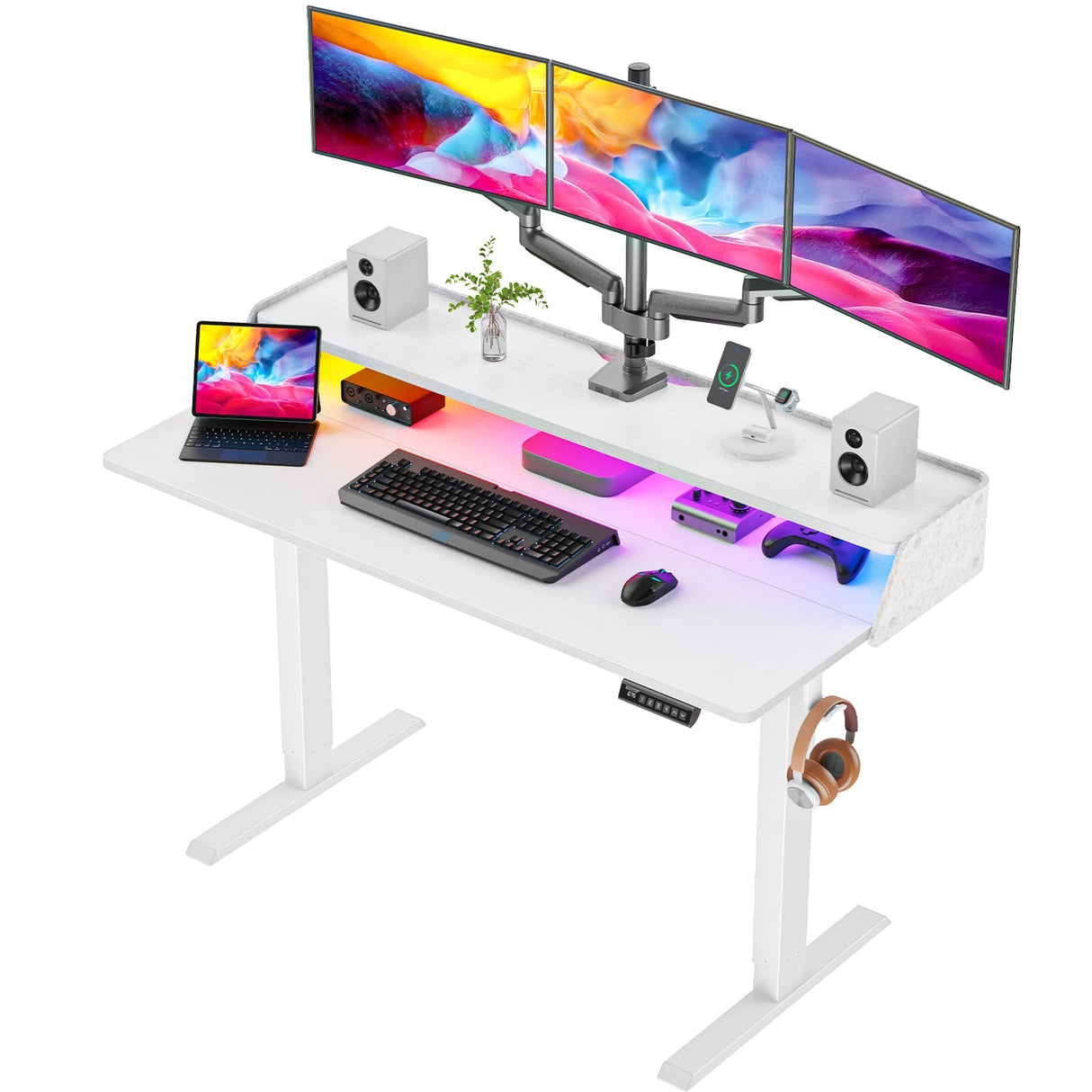 ErGear Standing Desk with LED Strip, 48″ x24″ Electric Height Adjustable RGB Gaming Desk with Shelf, Sit Stand Desk with Dual Cable Holes, C-Clamp Mount Compatible, 4 Preset Heights, White ErGear