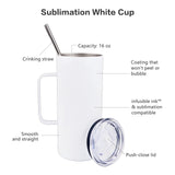 MAIKESUB 4 Pcs Sublimation Blank Skinny Tumbler 16 OZ White Mugs with Handle and Straw Double Wall Stainless Steel Coffee Travel Straight Mug with Sliding Lid MAIKESUB