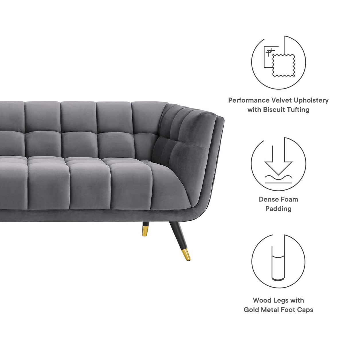 Modway Adept Contemporary Mid-Century Modern Performance Velvet Upholstered Tufted Sofa in Gray Modway