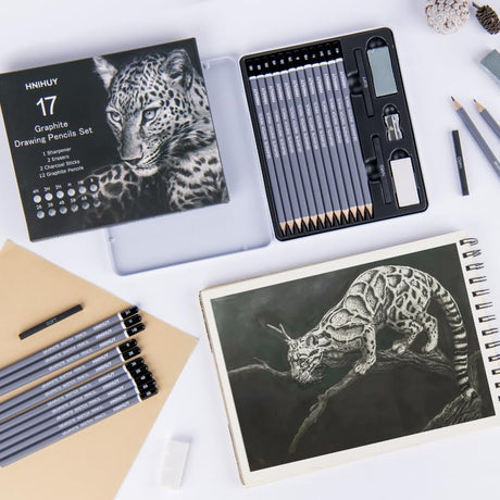 HNIHUY Professional Sketch Pencils Set, 17 Pcs, Graphite Pencils (8B-4H), Erasers and Sharpener, Art Drawing Pencil for Artists Beginner Sketching WoodArtSupply