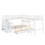 HRJHLucky Twin Over Full L-Shaped Bunk Bed with 3 Drawers,Triple Bunk Bed with 3 Drawers and Storage Stairs,Wood Corner Beds for Kids, Teens, Adults (White) HRJHLucky