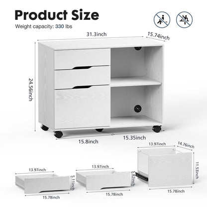 DUMOS Lateral File Cabinet with 3 Drawers, Rolling Wooden Printer Stand Under Desk Storage Organizer with 4 Wheels Adjustable Shelf for Office Home, White