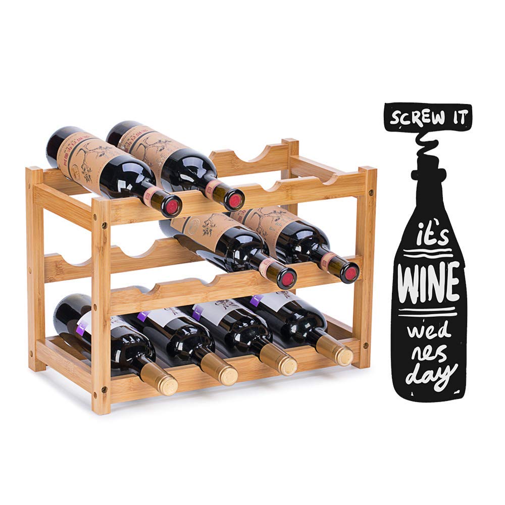 FOSTERSOURCE Wine Rack, Natural Bamboo Storage Rack Freestanding Countertop Stackable Display Shelf Wine Bottle Holder (3-Tiers 12-Bottles) FOSTERSOURCE