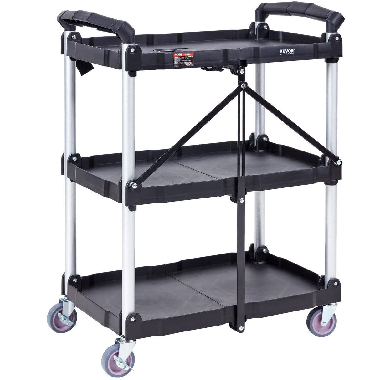 VEVOR Foldable Utility Service Cart, 3 Shelf 165LBS Heavy Duty Plastic Rolling Cart with 360° Swivel Wheels (2 with Brakes), Ergonomic Handle, VEVOR
