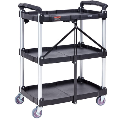 VEVOR Foldable Utility Service Cart, 3 Shelf 165LBS Heavy Duty Plastic Rolling Cart with 360° Swivel Wheels (2 with Brakes), Ergonomic Handle, - WoodArtSupply