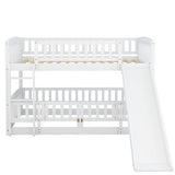 Bellemave Bunk Bed Twin Over Twin with Slide and Stairs, Twin Bunk Bed for Kids, Girls, Boys, Floor Bunk beds with Fence and Door, White Bellemave