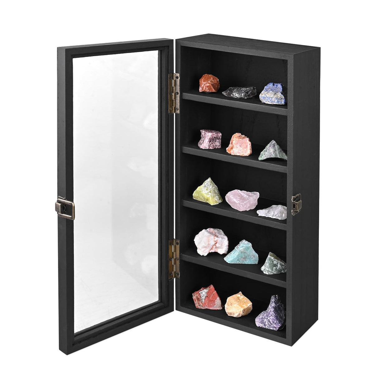 Ikee Design Wall Mounted Wooden Collectible Display Case 5 Shelf Display Storage Accessories with Tempered Glass Door, Black Color Ikee Design