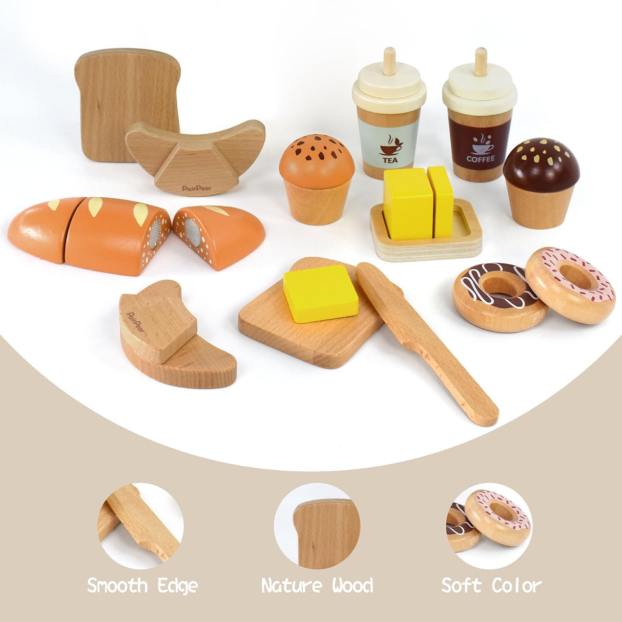 PairPear Wooden Bakery Toy Food Playset,Kids Pretend Play Food Kitchen Accessories with Shopping Bag,Toddlers Cutting Food Gift for Boys and Girls 3 Years and Up PairPear