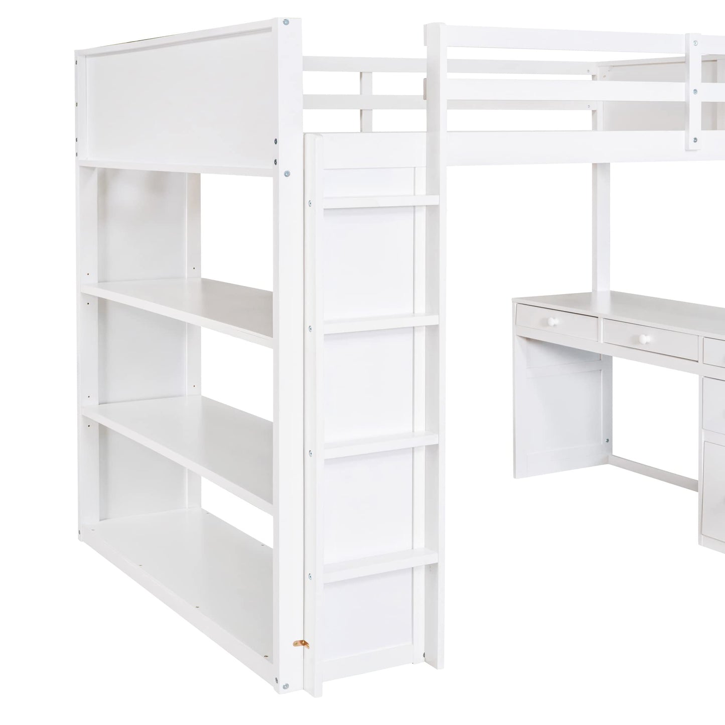 White Full Loft Bed with Desk, Bookshelf, and Storage Drawers by Harper & Bright Designs