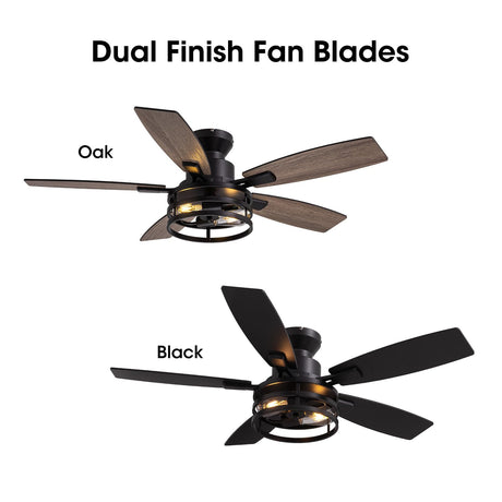 46 Inch Flush Mount Ceiling Fans with Lights and Remote Control, Low Profile Farmhouse Ceiling Fan for Bedroom Living Room and Patio, Black Caged Ceiling Fan for Indoor and Outdoor LuminFan