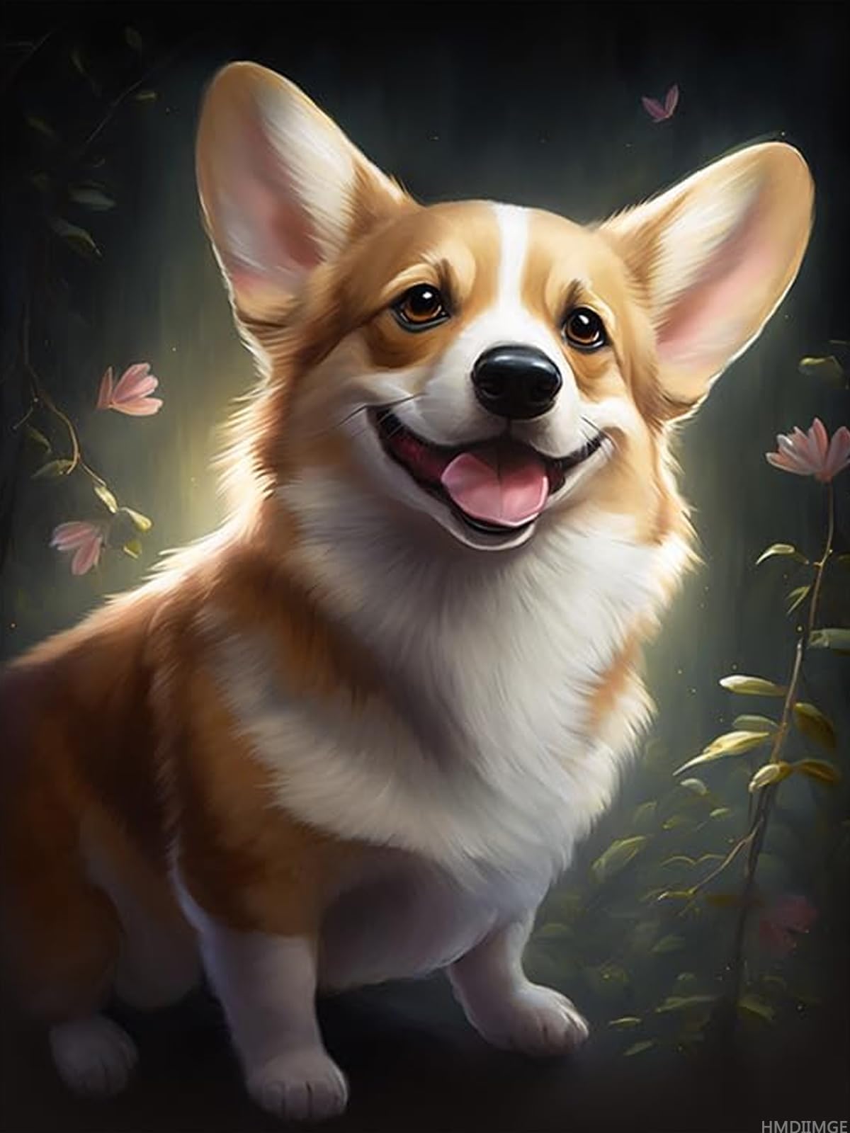 HMDIIMGE Diamond Painting Kits for Adults, Corgi Dog in Flowers 5D DIY Diamond Art Kits Full Drill Diamond for Gift Wall Decor Gem Arts Cute Pet 12x16 inch HMDIIMGE