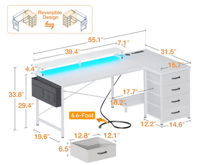 ODK 55-Inch Reversible L-Shaped Computer Desk with 4 Drawers, Gaming Desk with LED Lights & USB Power Outlets, Corner Office Desk with CPU Shelf & Monitor Stand, Study/Writing Table for Bedro - WoodArtSupply