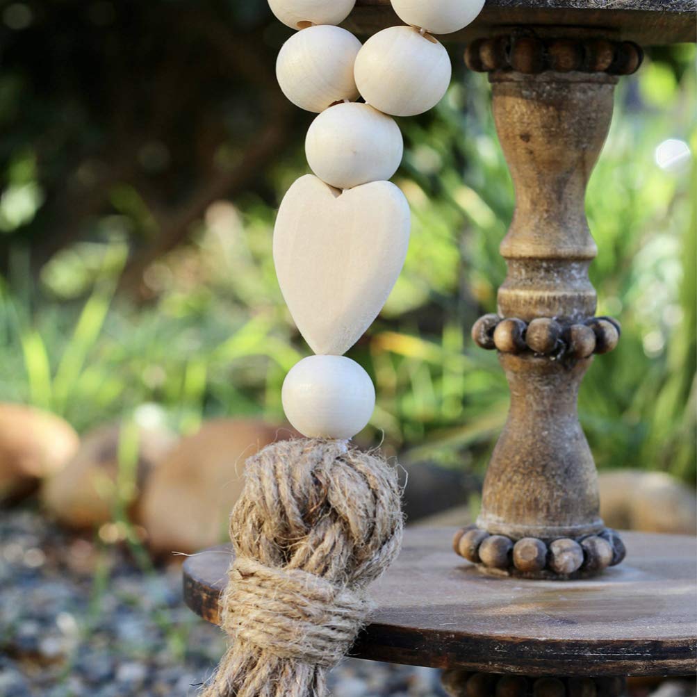 Garneck Wooden Bead Wreath Tassels - 2 Pcs Rustic Farmhouse Wooden Bead Ring with Wood Heart Pendant Tassels - Hanging Wooden Bead String for Home Garden Statue, Cross Prayer Decor Garneck