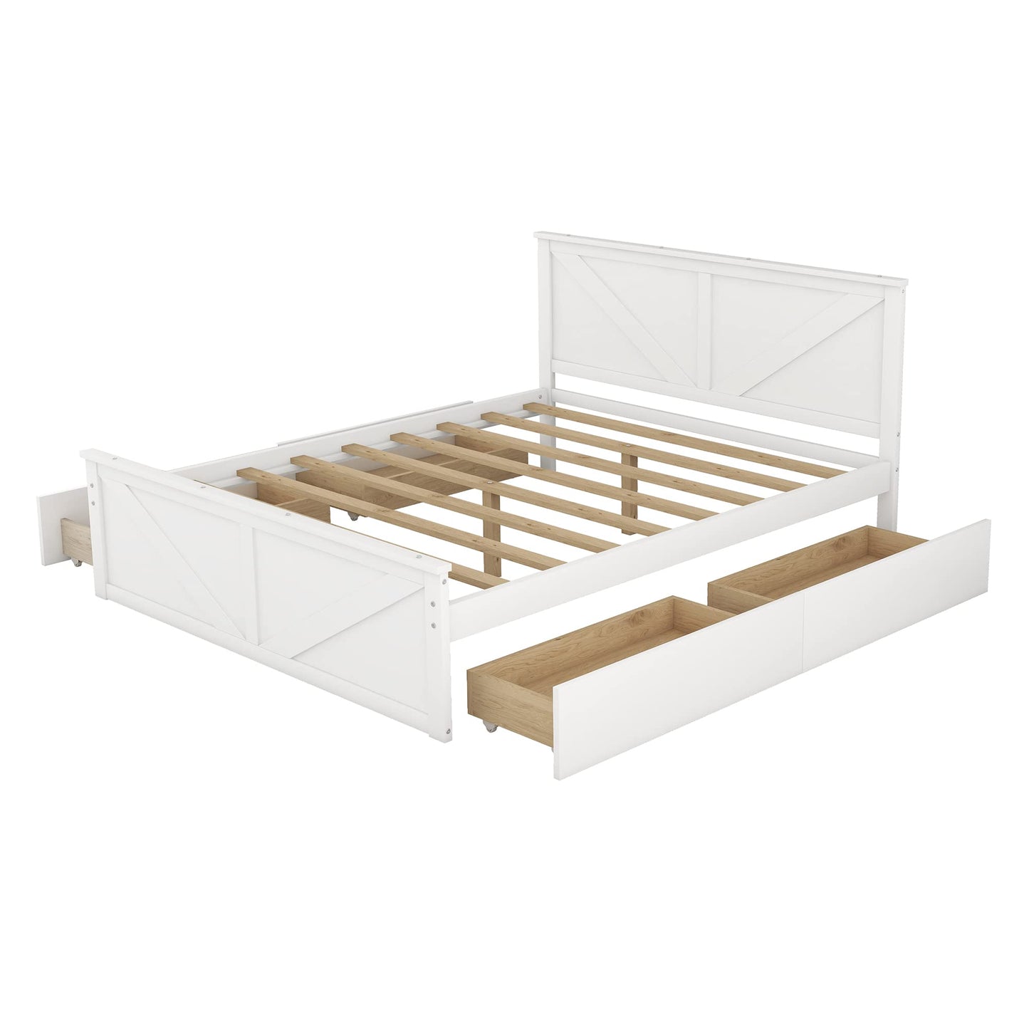 Queen Size Platform Bed with 4 Storage Drawers and Wooden Headboard – Sturdy Frame by LZ LEISURE ZONE (White) - WoodArtSupply