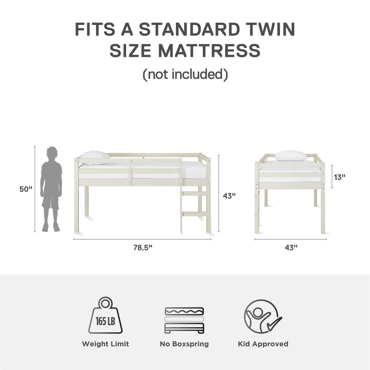DHP Milton Twin Loft Bed, White, Traditional Small Space Junior Size, Horizontal Paneling, Sturdy Wood Construction DHP
