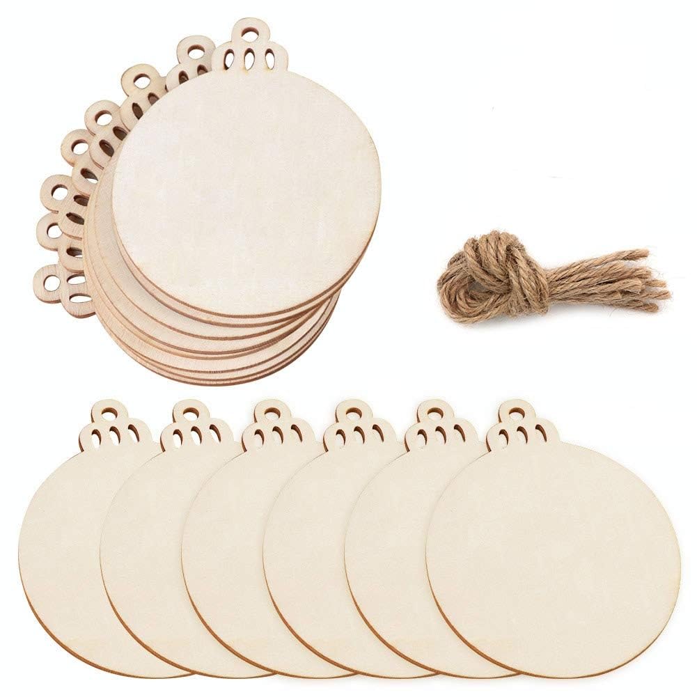 PartyTalk 30pcs Round Wooden Discs with Holes, 3" Unfinished Predrilled Natural Wood Slices for Crafts Centerpieces, Wooden DIY Christmas Ornaments Hanging Decorations OurWarm