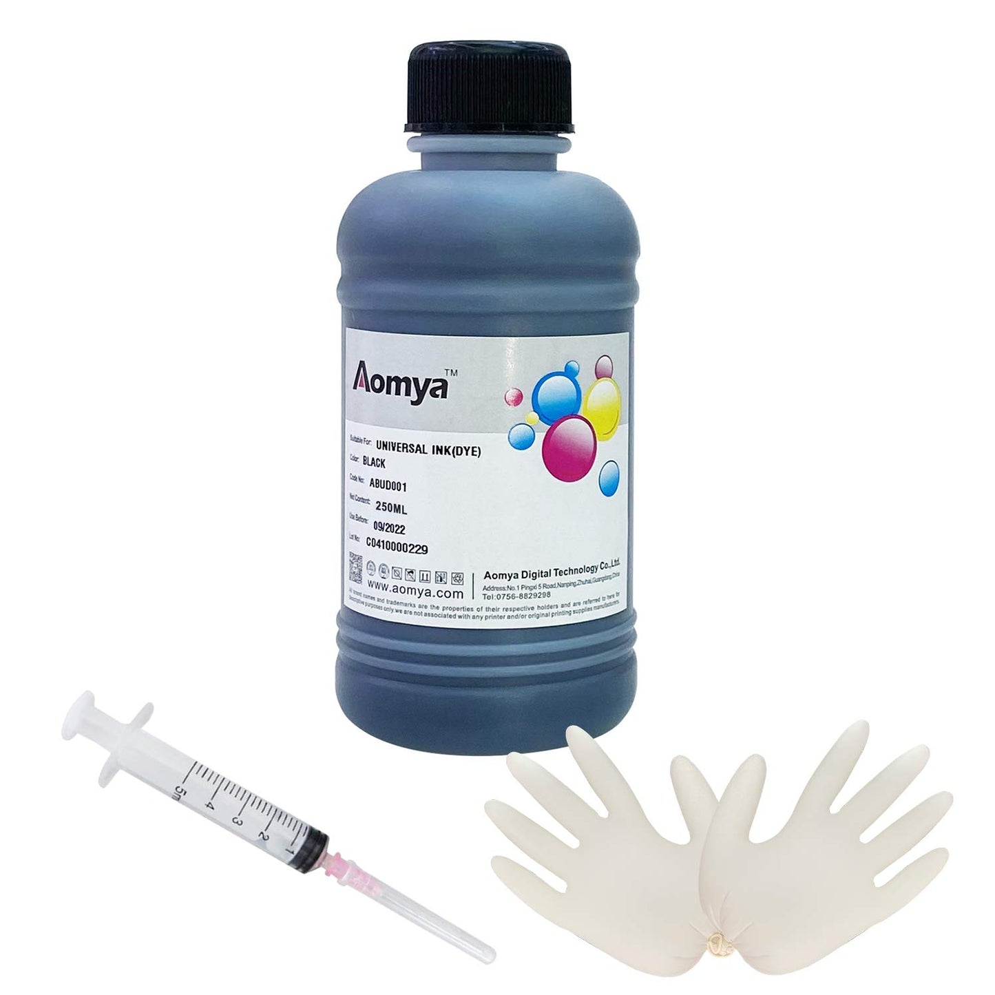 Aomya Ink Refill Kit 250ml Black Universal Dye Bulk Ink for Canon HP Epsn Brother Inkjet Printers Refillable Cartridge CISS CIS System (9 oz) with Syringe&Glove…