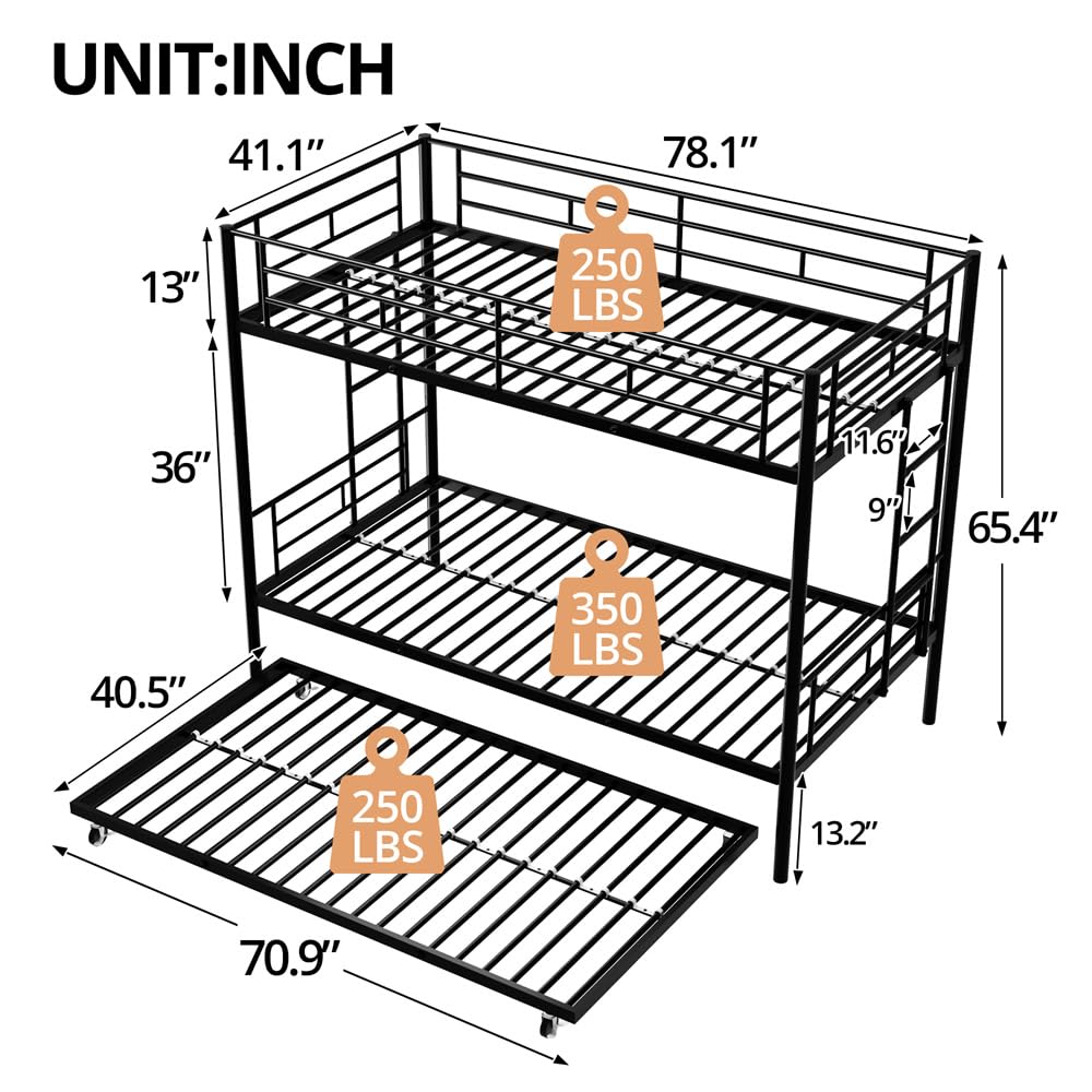 TURRIDU Bunk Bed Twin Over Twin with Trundle, Metal Triple Bunk Beds with 2 Side Ladders, Heavy Duty Bed Frame for Girls Boys Teens Adults, Can be Divided Into 3 Beds, No Box Spring Needed, Black