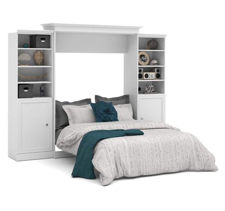 Bestar Versatile Queen Murphy Bed and 2 Closet Organizers with Doors (115W) in White, Sleeping Arrangement and Wardrobes for Multipurpose Room Bestar