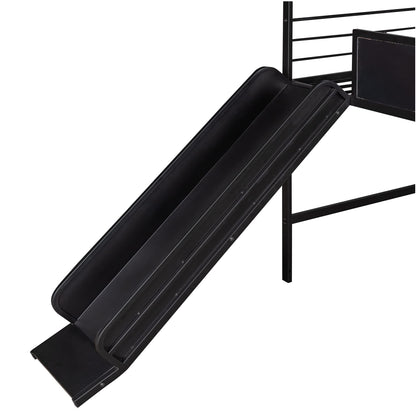 Twin House Loft Beds with Slide and Chalkboard, Low Loft Bed Twin Size, Metal House Bed with Guardrail and Ladder, Metal Twin Size Loft Bed for Kids Teens Girls Boys (Twin, Black)