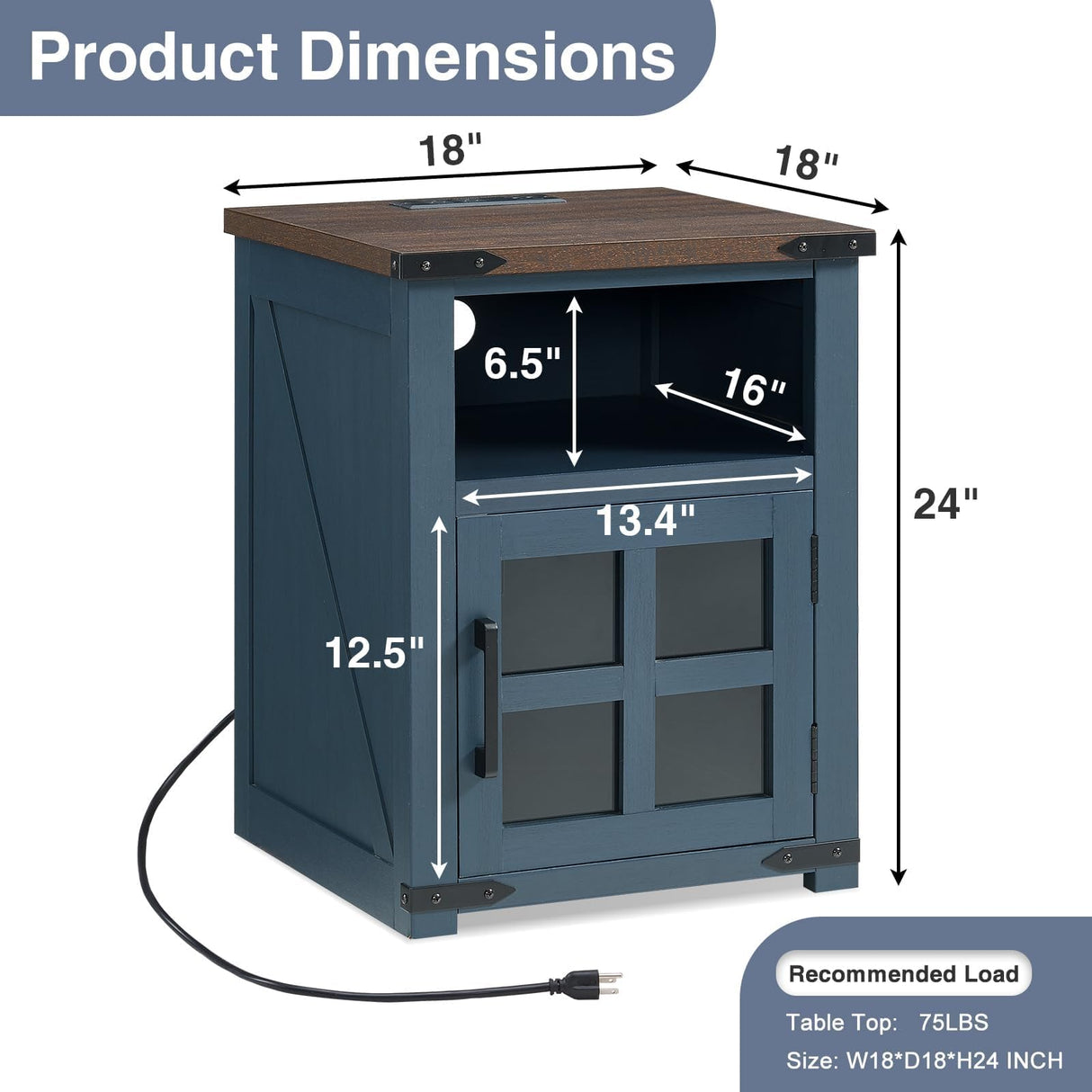 Barnyatoh Farmhouse Nightstand with Charging Station, Rustic End Table with Tempered Glass Barn Door, Wood Sofa Side Bedside Table with Open Storage Shelf for Living Room, Bedroom, Blue Barnyatoh