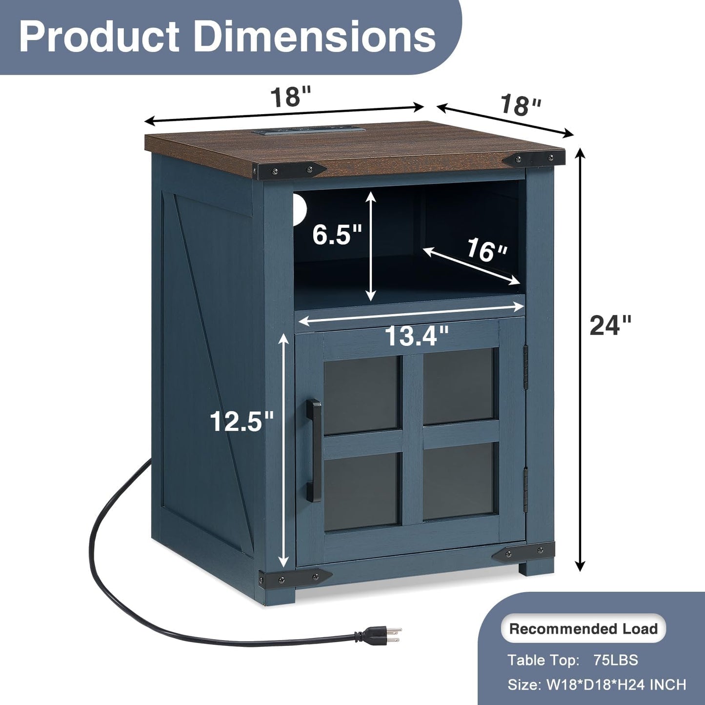 Barnyatoh Farmhouse Nightstand with Charging Station, Rustic End Table with Tempered Glass Barn Door, Wood Sofa Side Bedside Table with Open Storage Shelf for Living Room, Bedroom, Blue