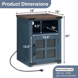 Barnyatoh Farmhouse Nightstand with Charging Station, Rustic End Table with Tempered Glass Barn Door, Wood Sofa Side Bedside Table with Open Storage Shelf for Living Room, Bedroom, Blue Barnyatoh