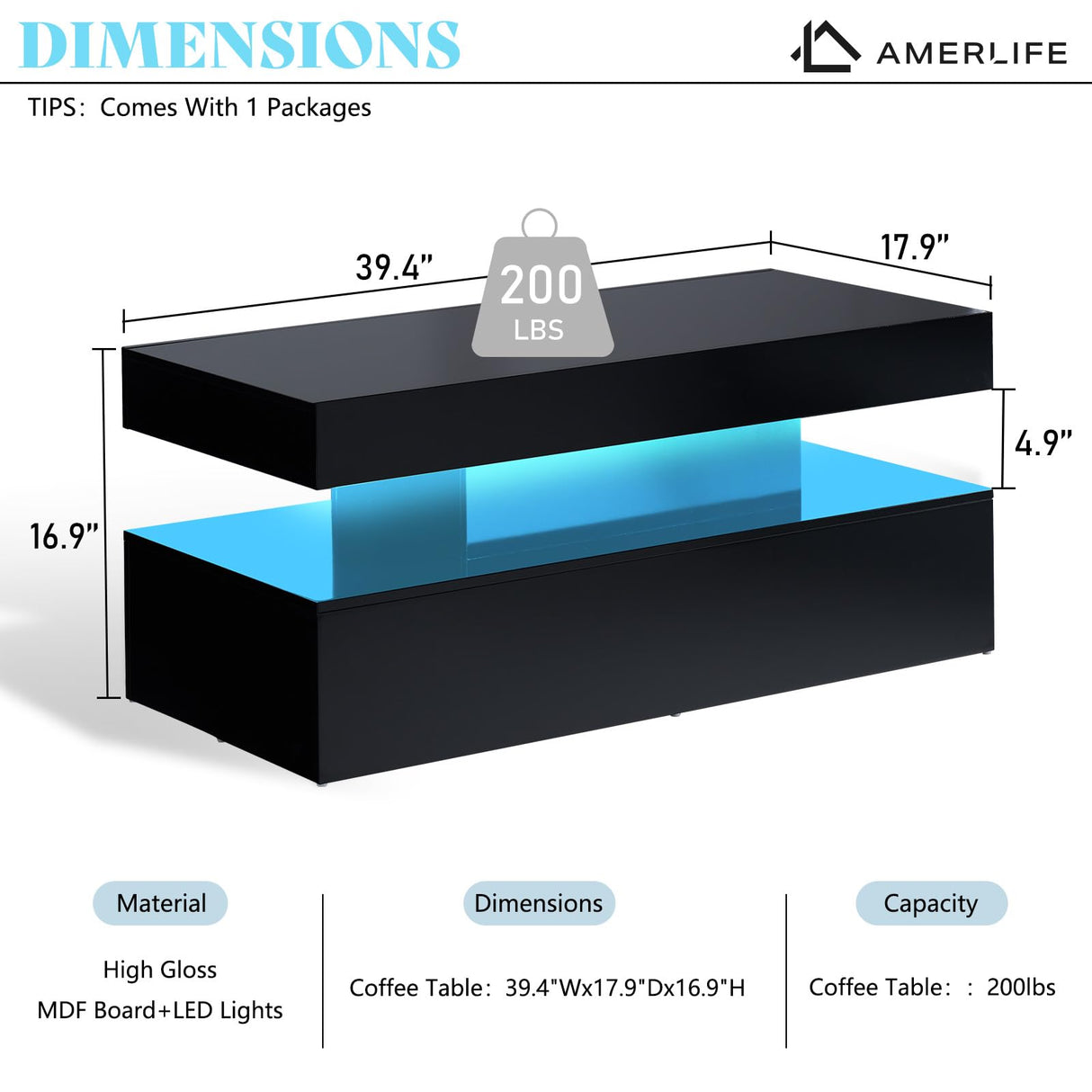 AMERLIFE High Gloss LED Coffee Table, Modern 2-Tier Center Table with LED Lights, Open Storage Space, 40in Simple Rectangular Sofa Side Table for Living Room, Black AMERLIFE