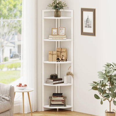 FATORRI Tall Corner Shelf, 5 Tier Modern Corner Bookshelf Stand, Wood and Metal Corner Plant Bookcase for Living Room, Home Office (White Oak)