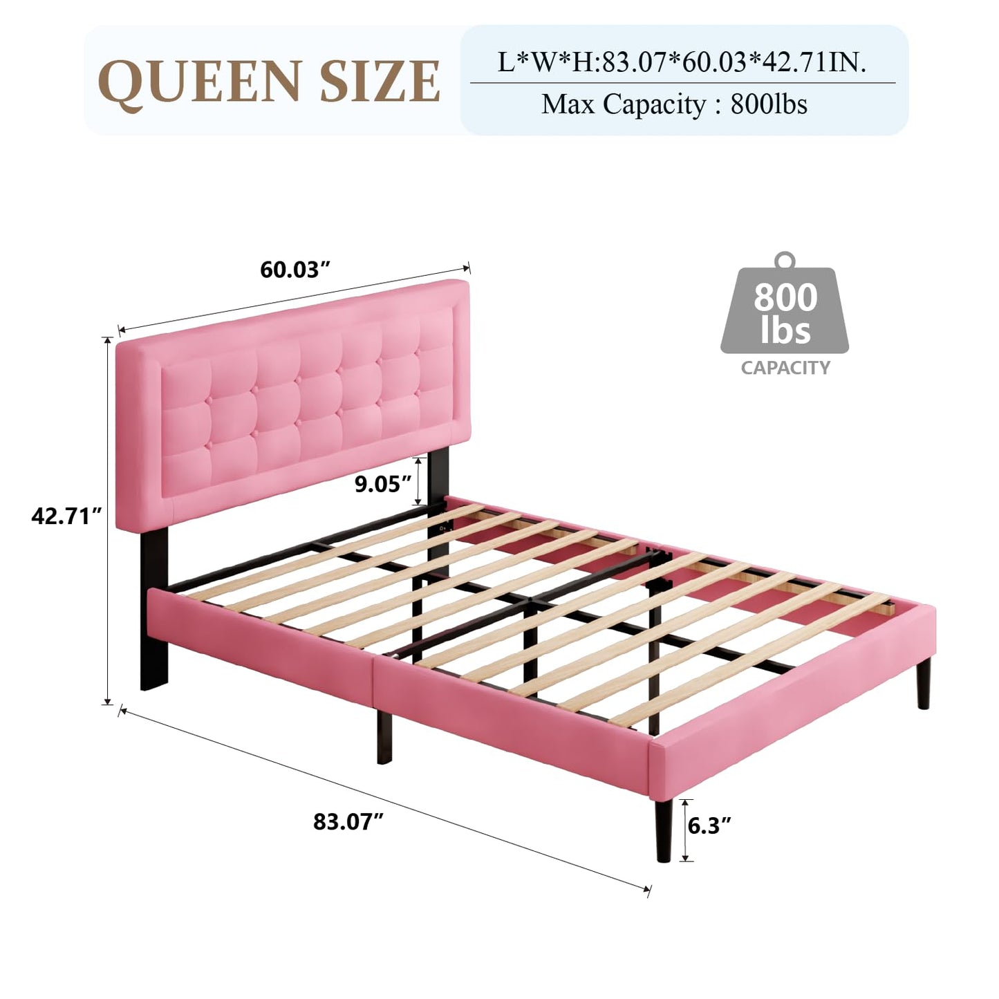 CXVX Queen Size Bed Frame with Headboard, Platform Bed Frame with Velvet Upholstered Button Tufted Headboard, Wood Slats Support, No Box Spring Needed, Mattress Foundation, Easy Assembly, Pink