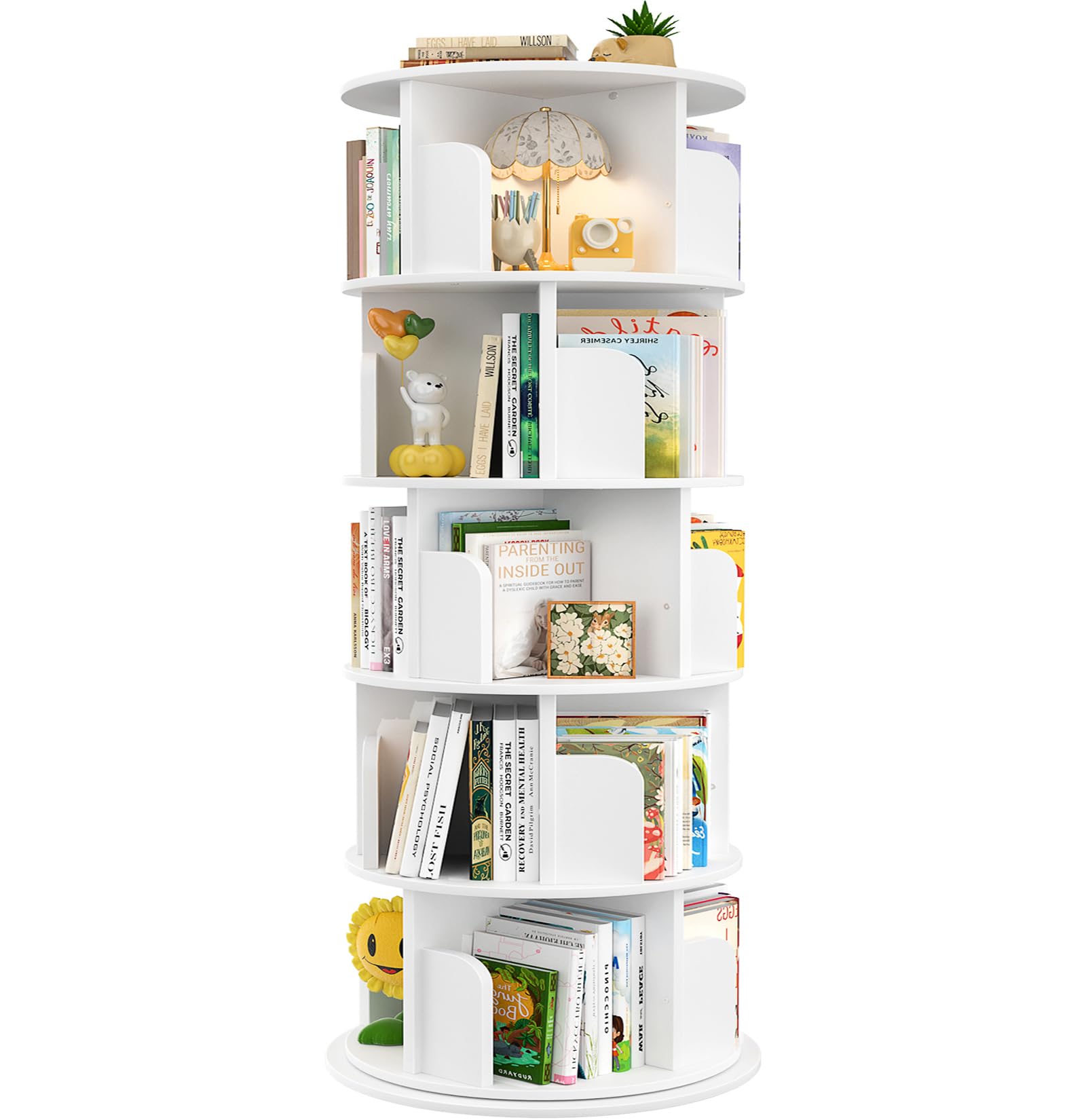 Aheaplus 360° Rotating 5-Tier White Bookshelf Tower - WoodArtSupply