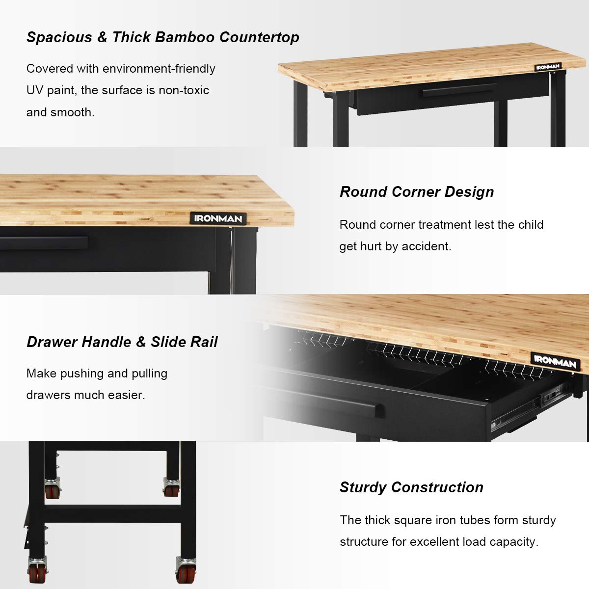 Goplus 48" Mobile Workbench, Bamboo Tabletop Workstation with Two Lockable Casters, Sliding Organizer Drawer, Weight Capacity 500 Lbs, Multipurpose - WoodArtSupply