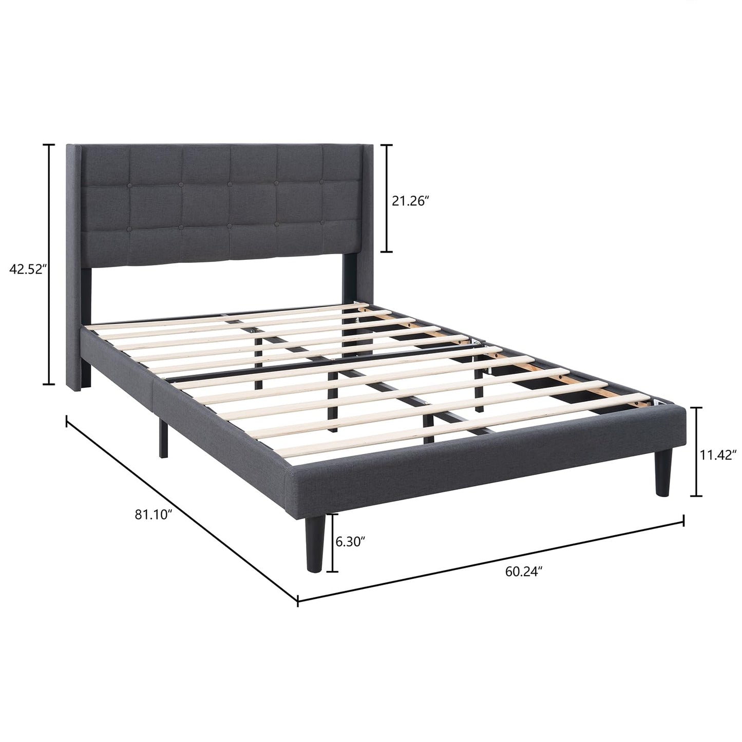 NELGUTA Dark Gray Upholstered Queen Bed Frame with Headboard - Sturdy Wooden Slats, Easy Assembly, No Box Spring Required - WoodArtSupply