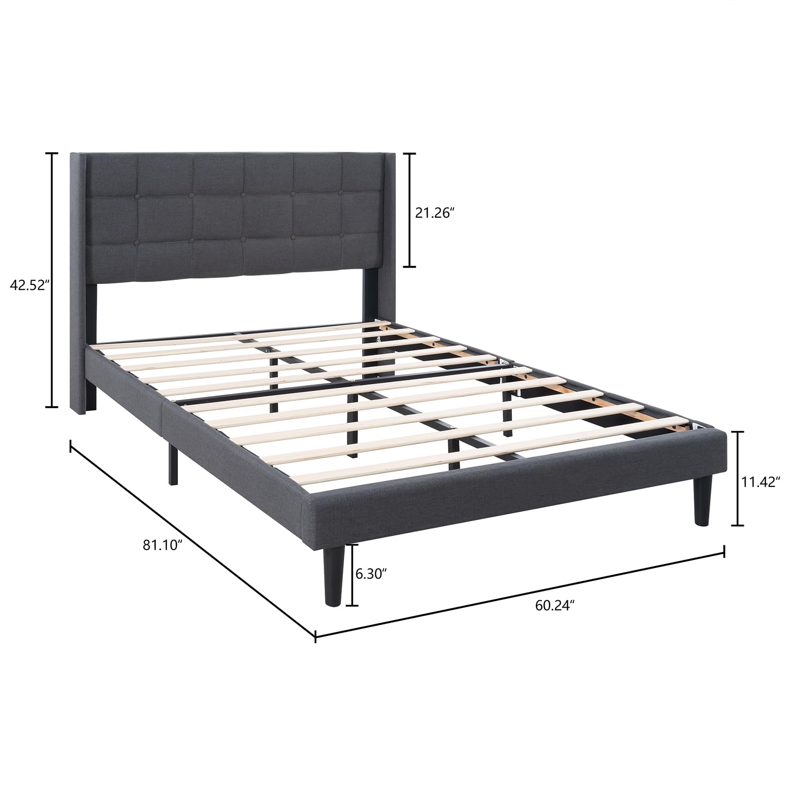 NELGUTA Dark Gray Upholstered Queen Bed Frame with Headboard - Sturdy Wooden Slats, Easy Assembly, No Box Spring Required - WoodArtSupply