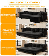 LuxyHoom 89" King Pull Out Sofa Bed, Velvet Chesterfield Sleeper Sofa Couch, 3 in 1 Convertible Tufted Futon Couches with Ottoman for Living Room, Small Space, Apartment, Office, Bedroom, Black LuxyHoom