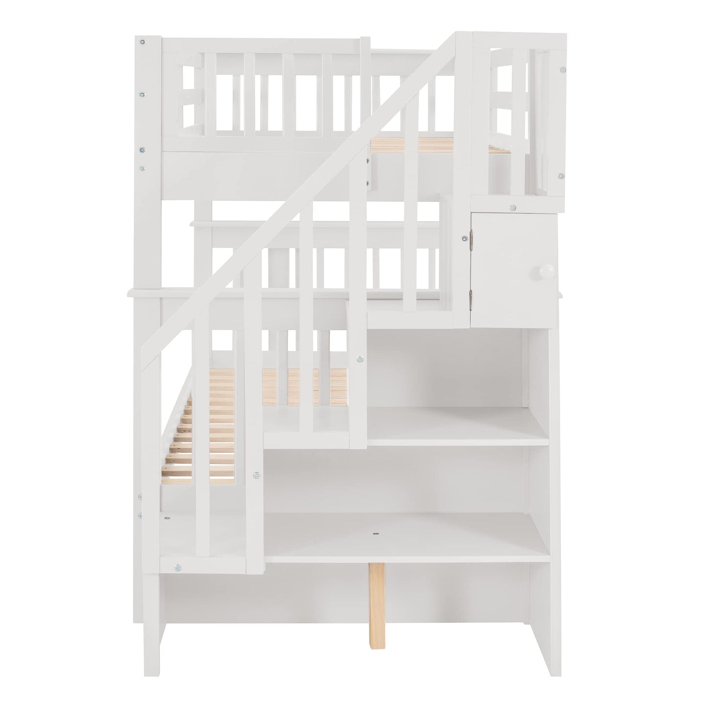 Harper & Bright Designs Twin Over Twin Bunk Bed with Stairs and Trundle, Solid Wood Stairway Bunk Bed Frame with Storage, for Kids Teens Adults – White