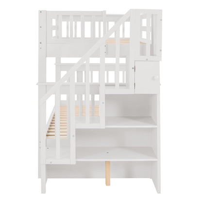 Harper & Bright Designs Twin Over Twin Bunk Bed with Stairs and Trundle, Solid Wood Stairway Bunk Bed Frame with Storage, for Kids Teens Adults – White