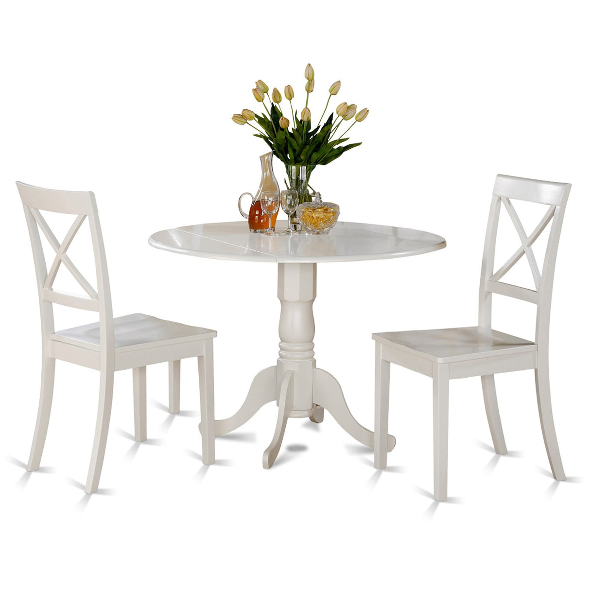 East West Furniture DLBO3-WHI-W 3 Piece Dining Room Table Set Contains a Round Kitchen Table with Dropleaf and 2 Dining Chairs, 42x42 Inch, Linen White East West Furniture