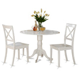 East West Furniture DLBO3-WHI-W 3 Piece Dining Room Table Set Contains a Round Kitchen Table with Dropleaf and 2 Dining Chairs, 42x42 Inch, Linen White East West Furniture