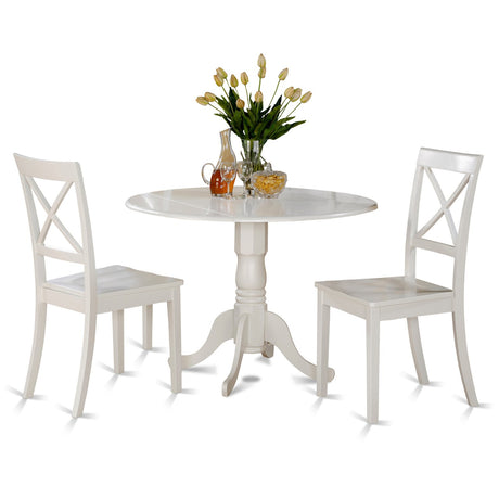 East West Furniture DLBO3-WHI-W 3 Piece Dining Room Table Set Contains a Round Kitchen Table with Dropleaf and 2 Dining Chairs, 42x42 Inch, Linen White East West Furniture