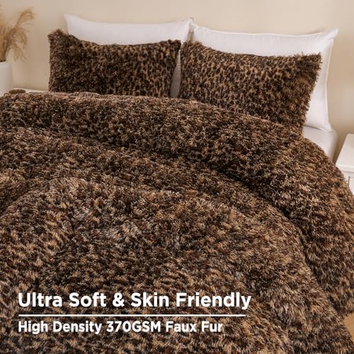 Melo10PM Leopard Print Fluffy Faux Fur Comforter Set King Size, 3 Pieces Brown Cheetah Plush Shaggy Fuzzy Bedding Set, Ultra Soft Luxury Furry Boho Animal Print Winter Warm Comforter for Women Gilrs Melo10PM