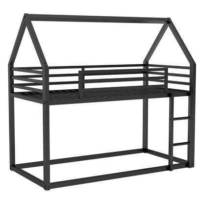 PVWIIK Twin Over Twin Metal Floor Bunk Bed with Safety Guardrails and Roof Design for Kids,Girls, Boys,House Shaped Bunk Bed Frame,No Box Spring Required,Black