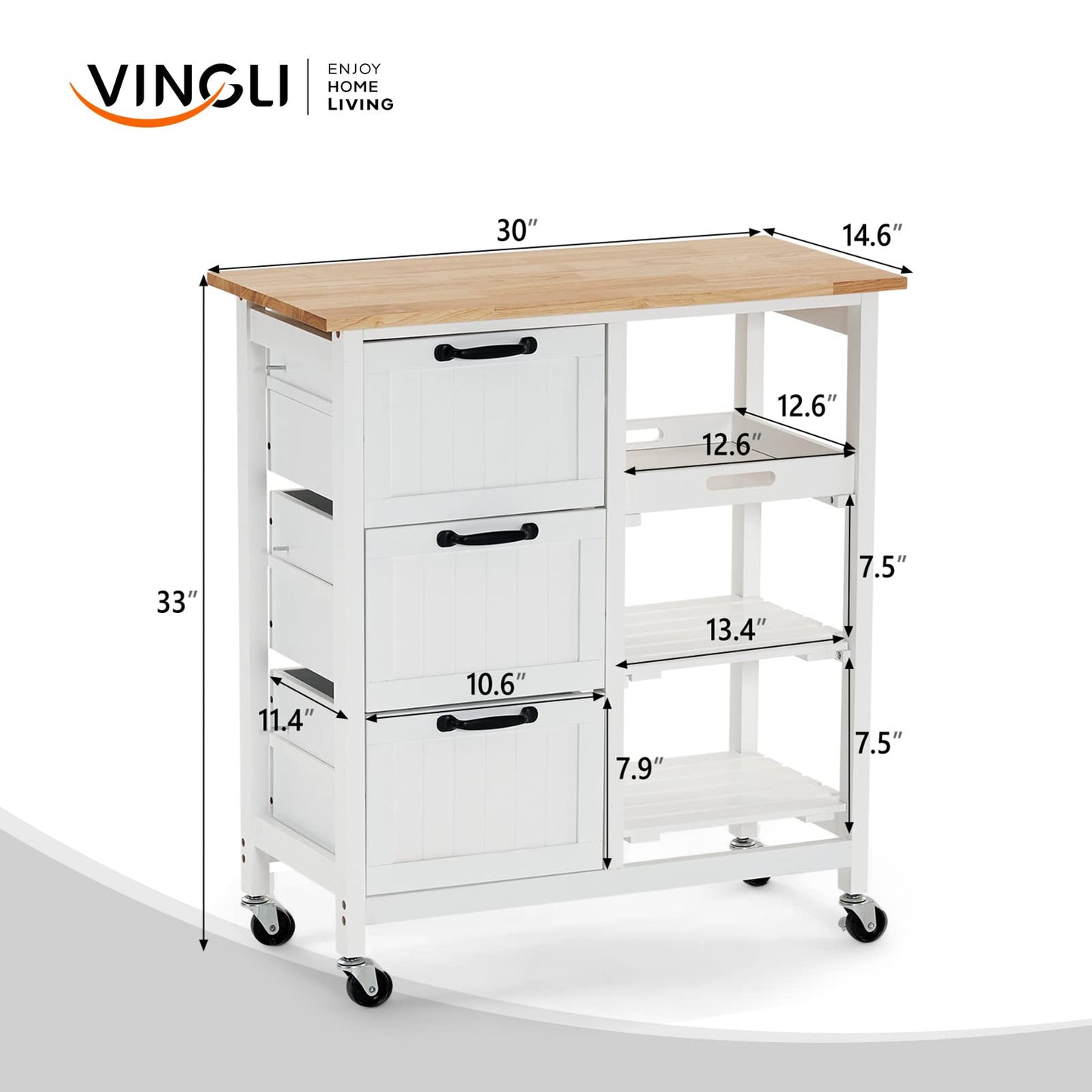 VINGLI Kitchen Island, Rolling Kitchen Storage Cart with 3 Drawers 3 Tier Holders Serving Bar Cart Coffee Bar Small Kitchen Microwave Trolley with Natural Solid Wood Top Caster Home Furniture - WoodArtSupply