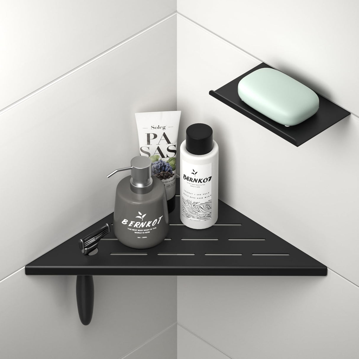 Bernkot 10'' Corner Shower Shelf w/Soap Holder, 304 Stainless Steel Grout in Shelf for Bathroom, Recessed Shelf for Tiled Wall, No Drilling Needed (Black) Bernkot