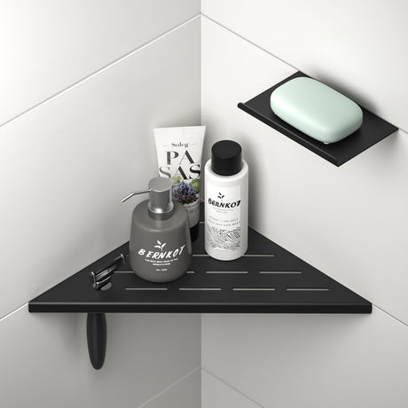Bernkot 10'' Corner Shower Shelf w/Soap Holder, 304 Stainless Steel Grout in Shelf for Bathroom, Recessed Shelf for Tiled Wall, No Drilling Needed (Black) Bernkot