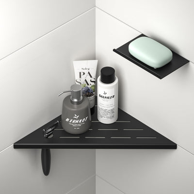 Bernkot 10'' Corner Shower Shelf w/Soap Holder, 304 Stainless Steel Grout in Shelf for Bathroom, Recessed Shelf for Tiled Wall, No Drilling Needed (Black)