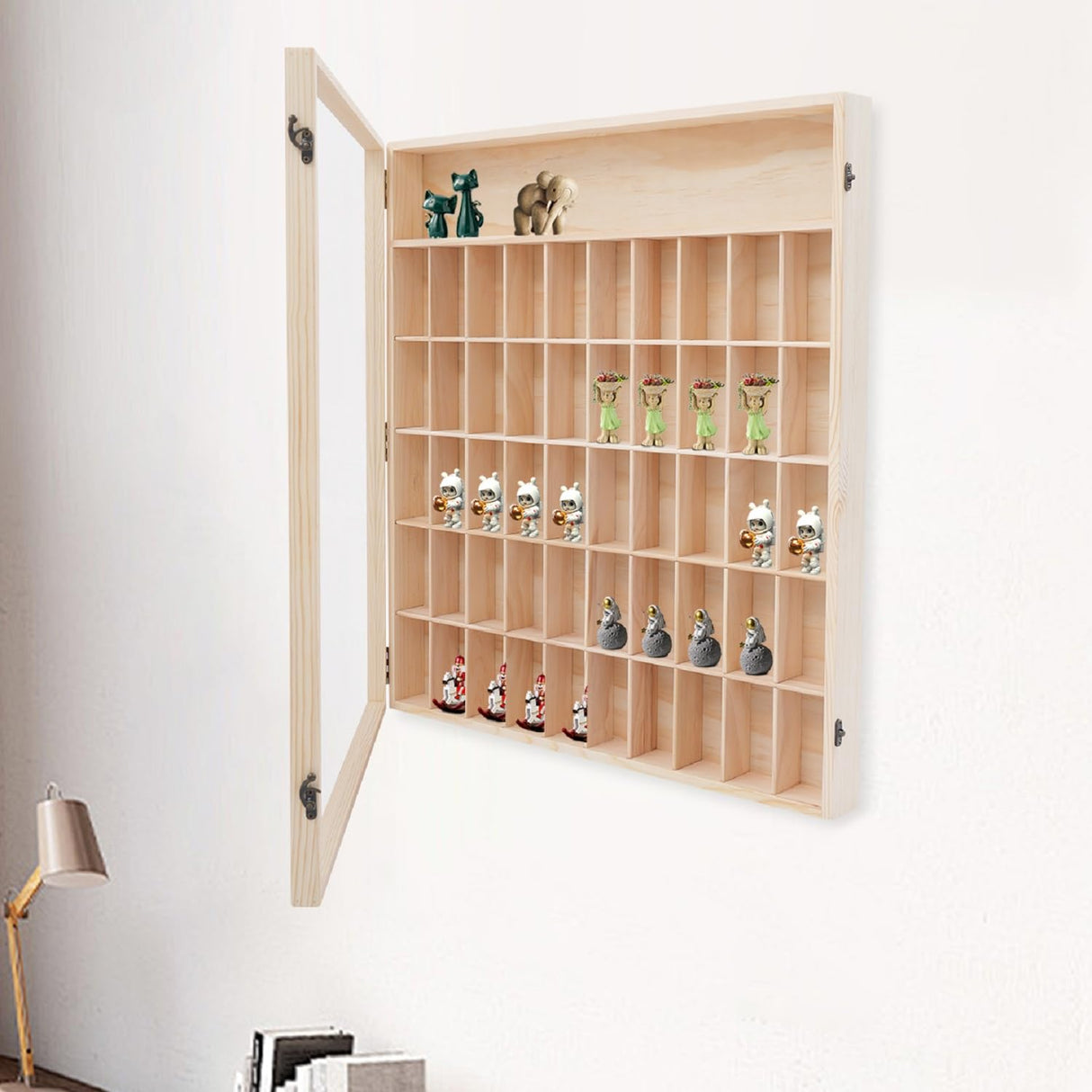 LOONGWEIA Wall Mount Wooden Display Case, 6 Tier Minifigure Display Cabinet with Acrylic Door Miniature Curio Cabinet with 50 Small Compartments for Mini Figures Collectibles Action Figures LOONGWEIA
