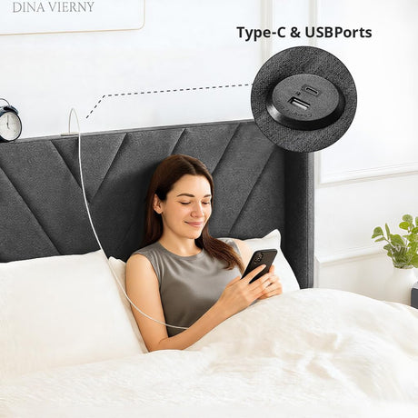 COMHOMA Queen Bed Frame with Headboard and USB & Type-C Charging Ports,Storage Drawers,Modern Upholstered Platform Frames with Padded Headboard, Heavy Duty Structure,No Box Spring Needed,Dark Grey COMHOMA