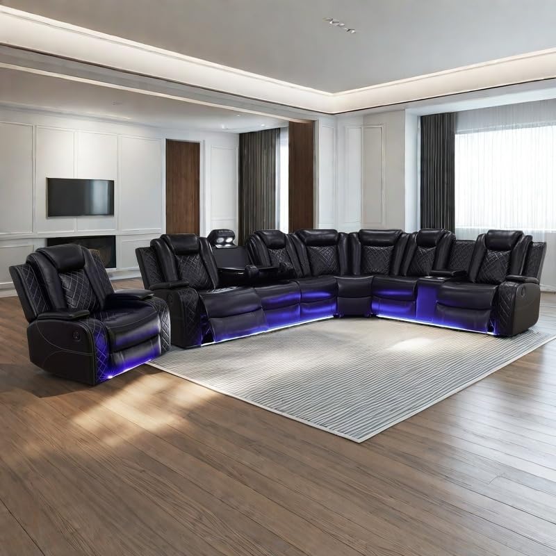 Power Recliner Sofa Sectional Sofa with LED Light for Living Room, Air Leather Reclining Corner Sectional Sofa Set, Cup Holder, Storage Console for Home Theater Seating (Black, Sectional+Chair) AYCP Furniture
